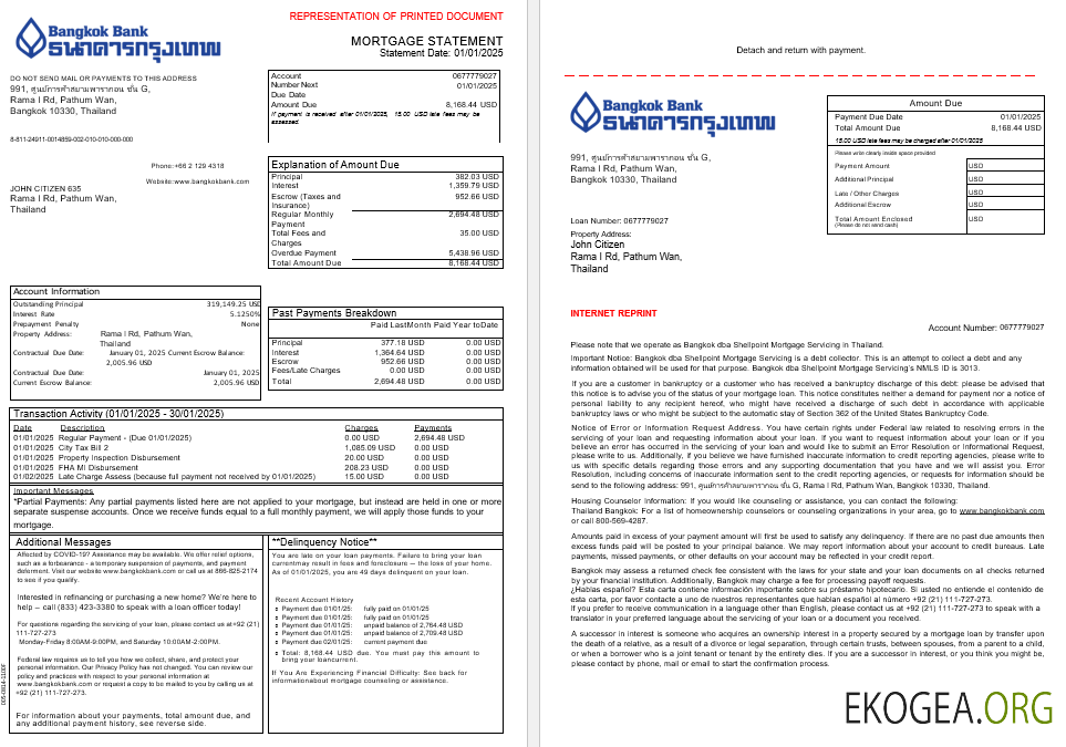Relevé hypothécaire de la banque Thaïlande Bangkok aux formats Word et PDF, 3 pages 1 , 2